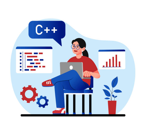 Programmer works at home. Young girl with laptop writes code for website, develops program and application. Modern technologies and remote employee, freelancer. Cartoon flat vector illustration