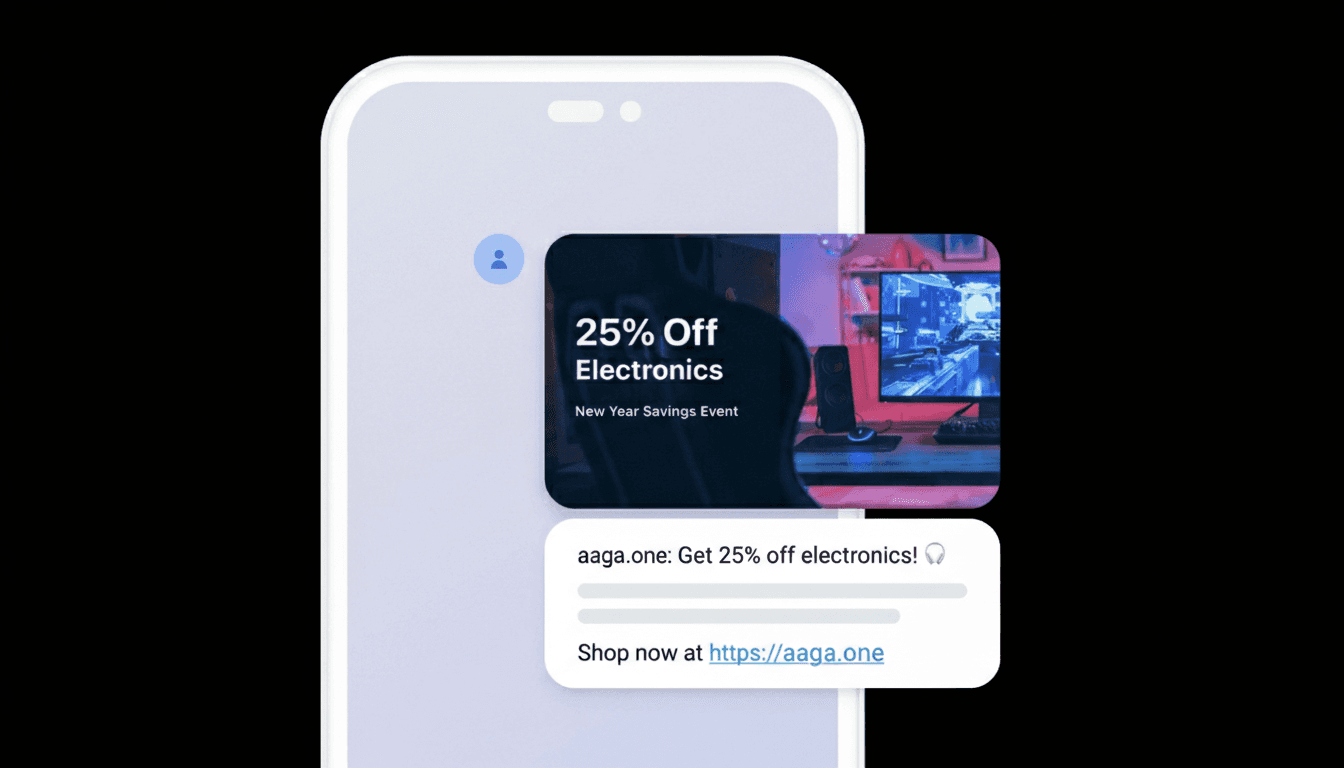 A smartphone showing a promotional message for an electronics sale