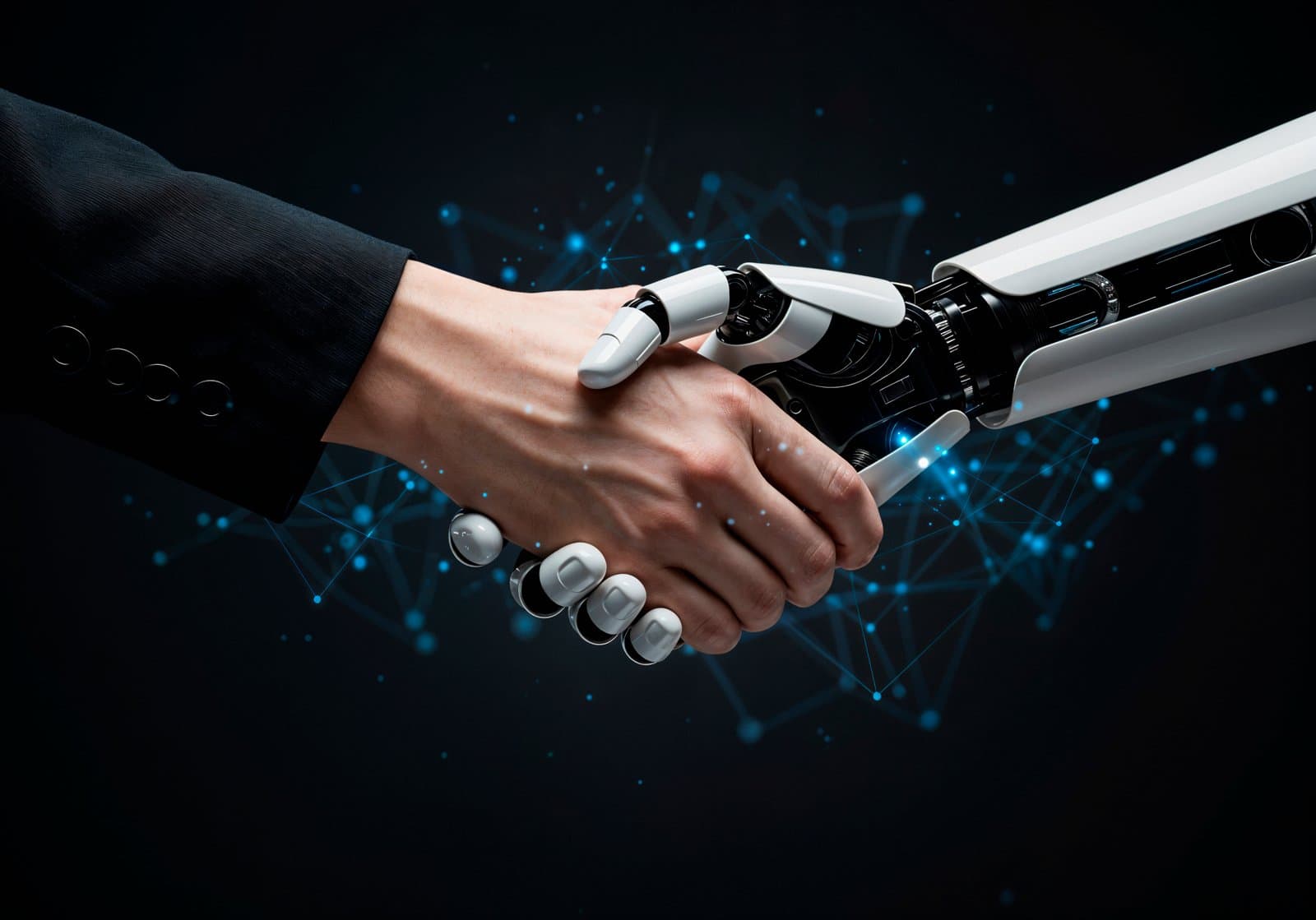 A human hand shaking a robotic hand against a dark background