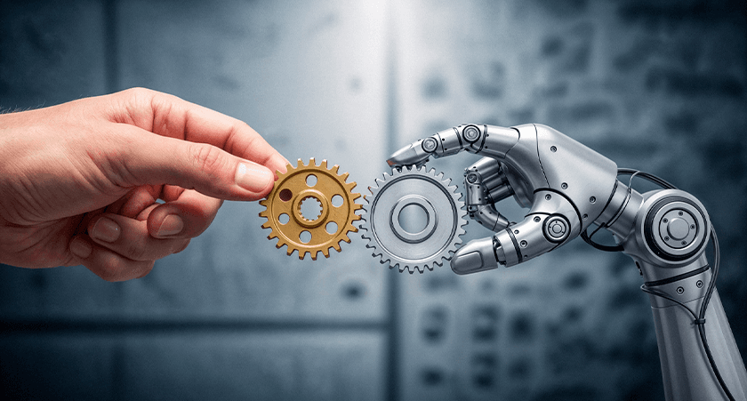 A human hand and a robotic hand turning interlocking gears together