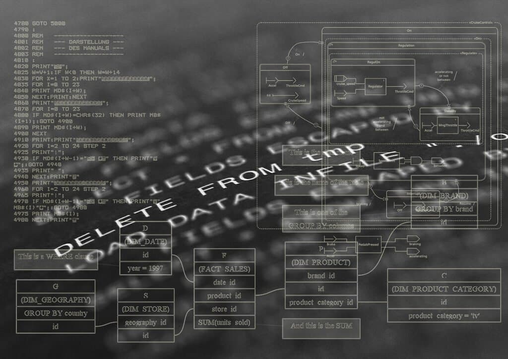 Database tables and lines of code layered over a dark gray background