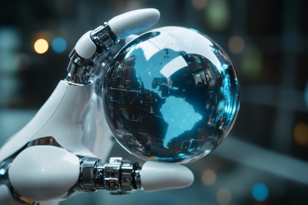 A white robotic hand holding a transparent globe against a blurred blue background