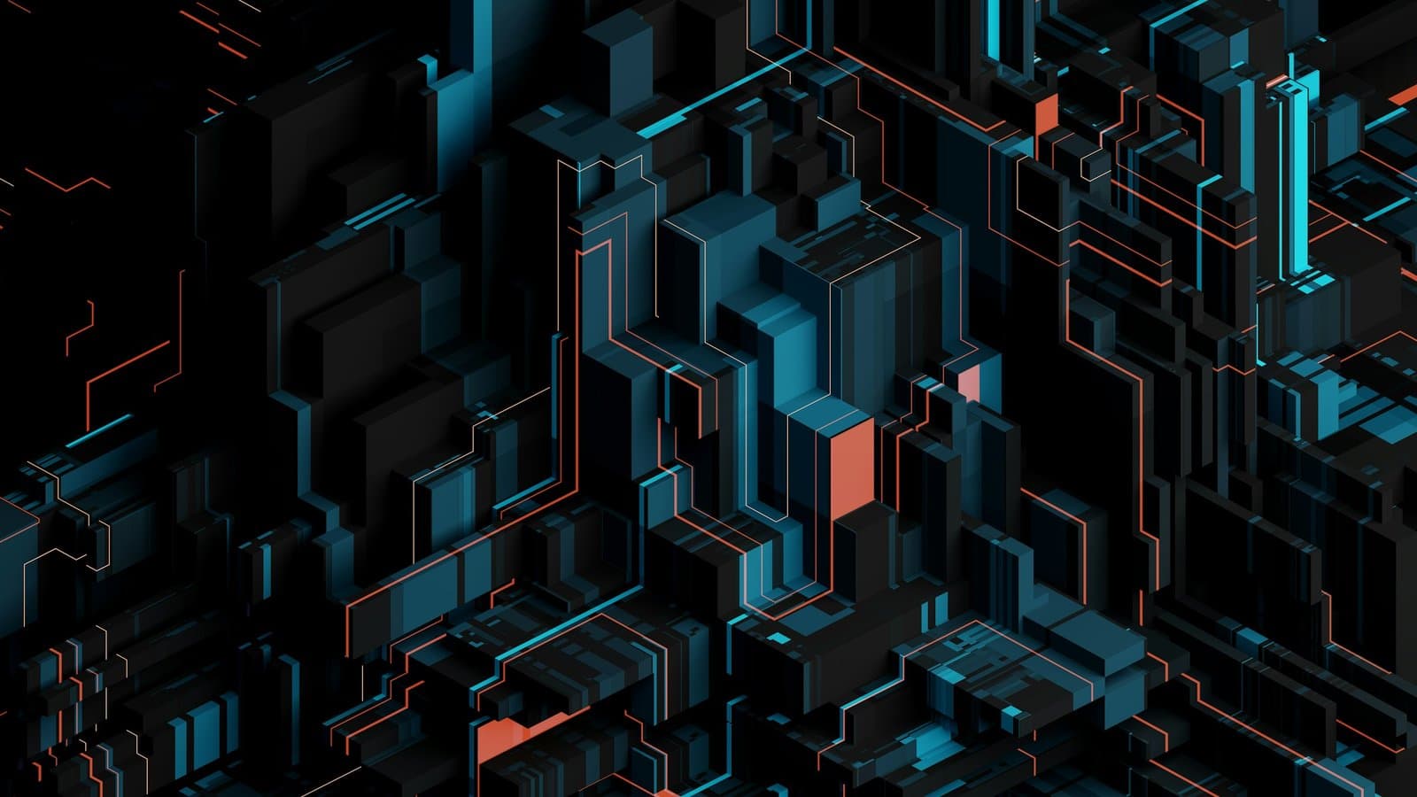 Abstract 3D landscape of glowing data blocks, representing synthetic data generation for AI