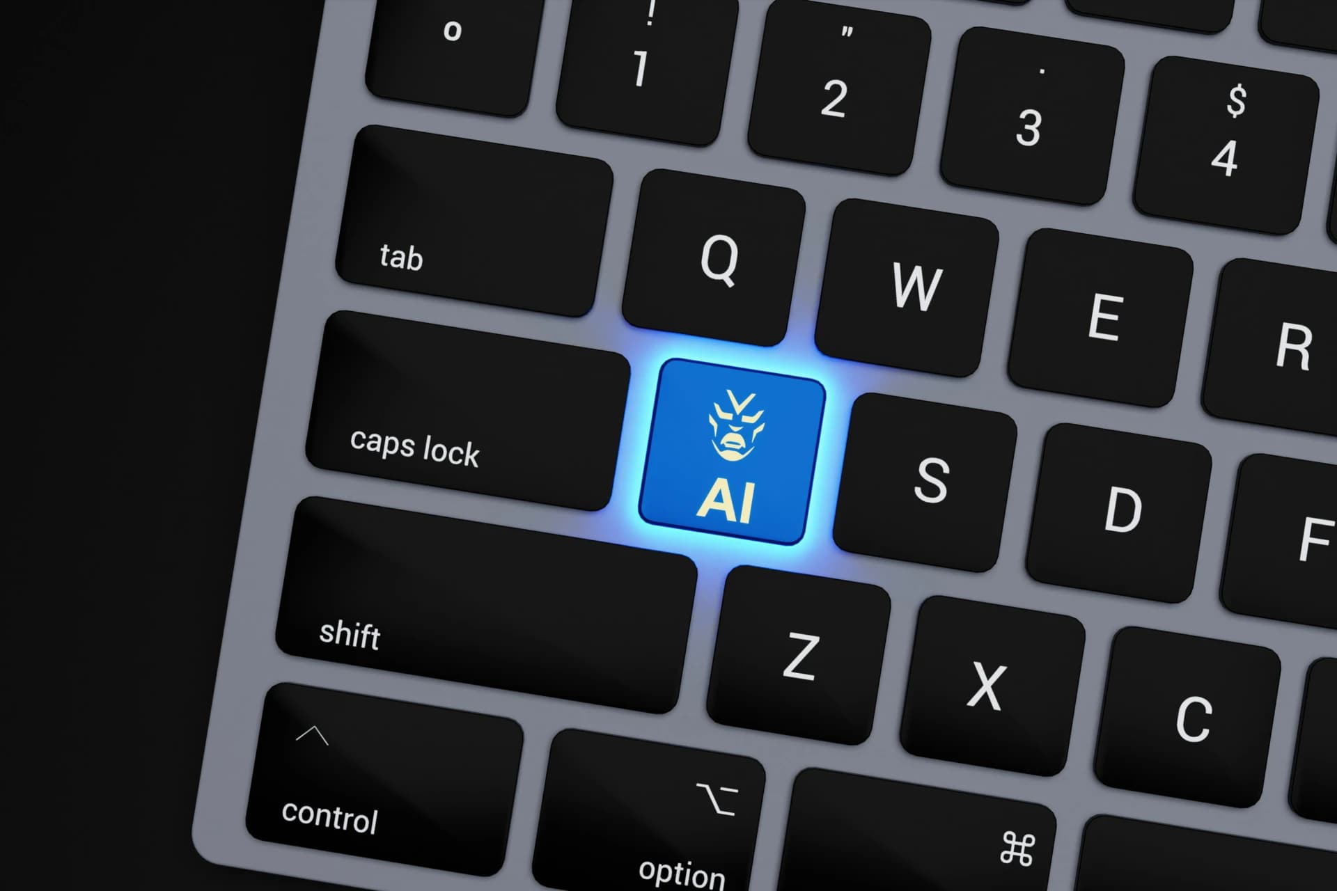 Close-up of a laptop keyboard with a glowing AI key