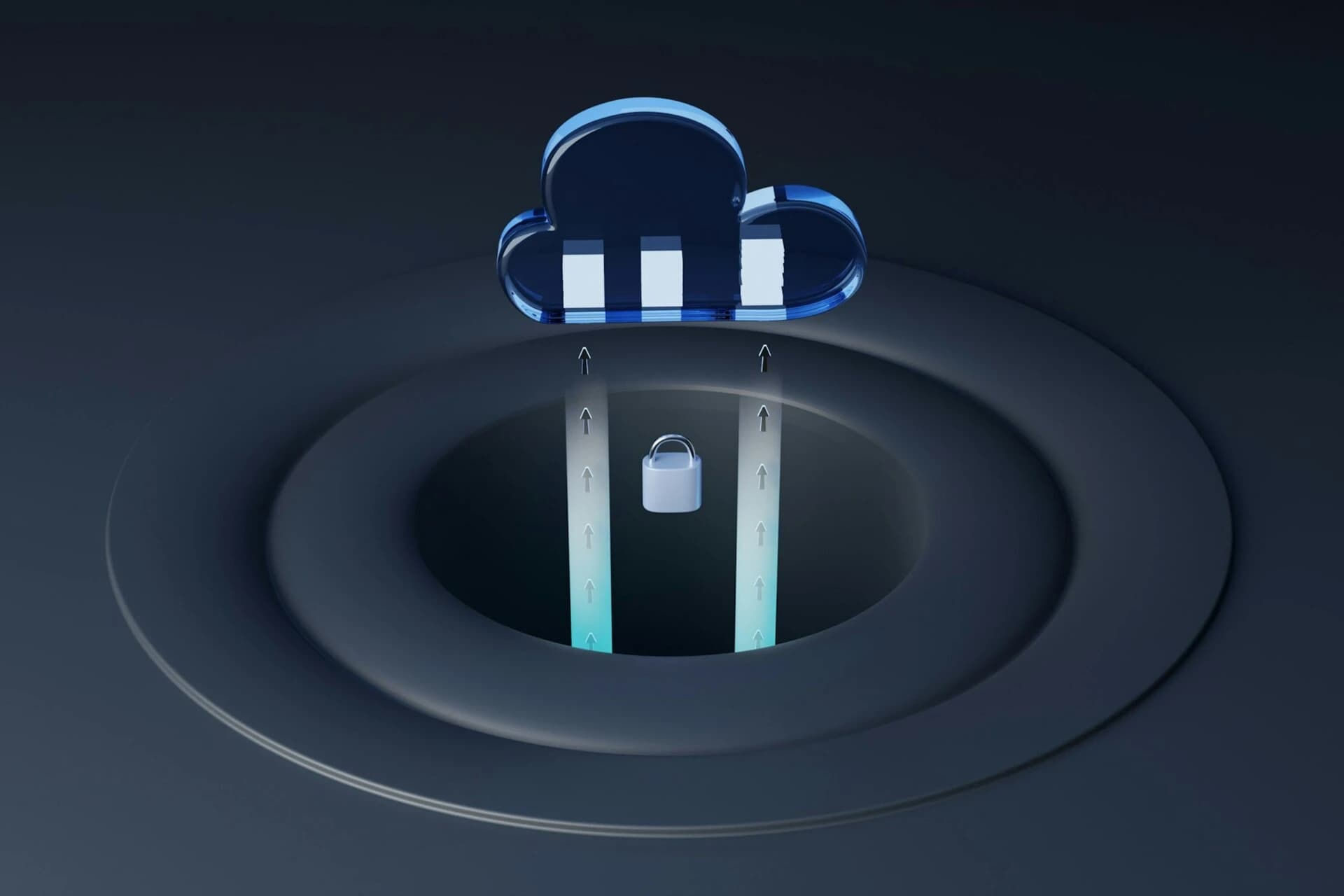 A glowing cloud icon suspended above a padlock in a dark circular recess