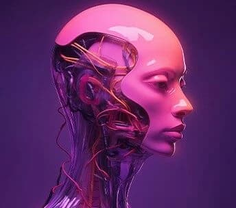 Side profile of a humanoid AI head with visible wiring on a purple background