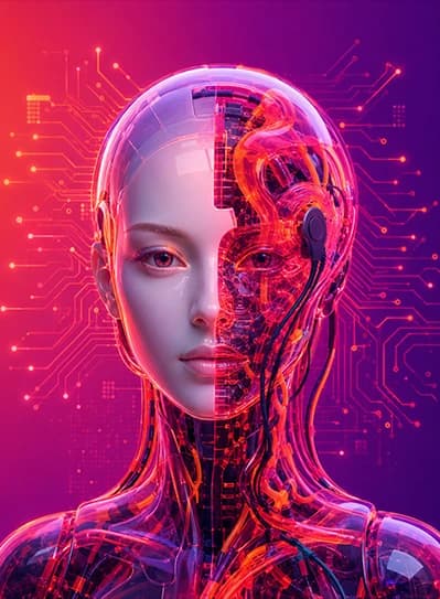 Illustration of a humanoid AI face with an earpiece against a glowing circuit background