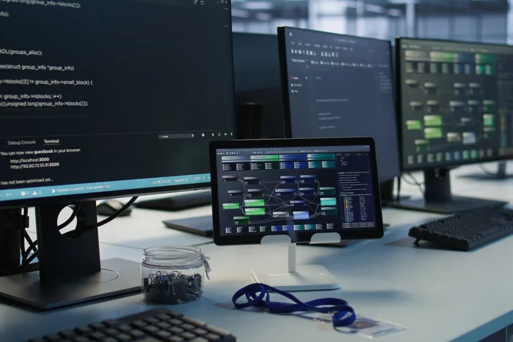 Developer workstation with monitors showing code and dashboards, representing full stack development at Aaga