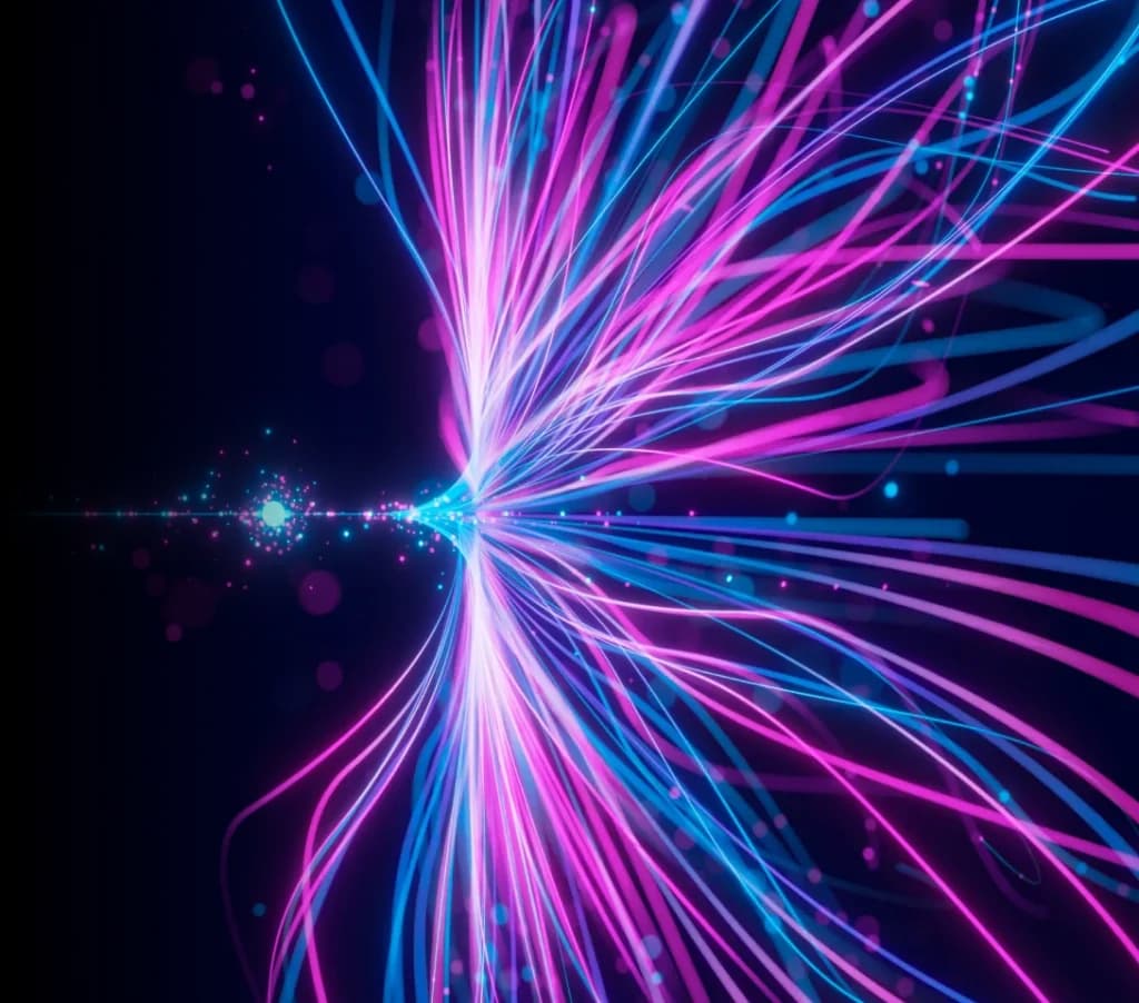 Burst of pink and blue light fibers, representing large volumes of generated training data