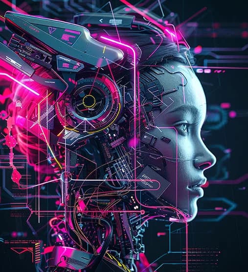Profile of a humanoid AI face with neon circuitry, representing AI models trained on datasets collected by Aaga