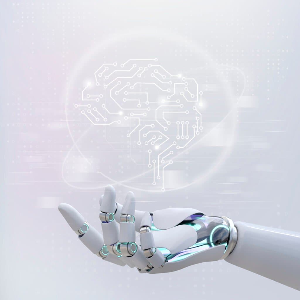 A robotic hand holding a glowing circuit-board brain, representing an AI system that plans and acts