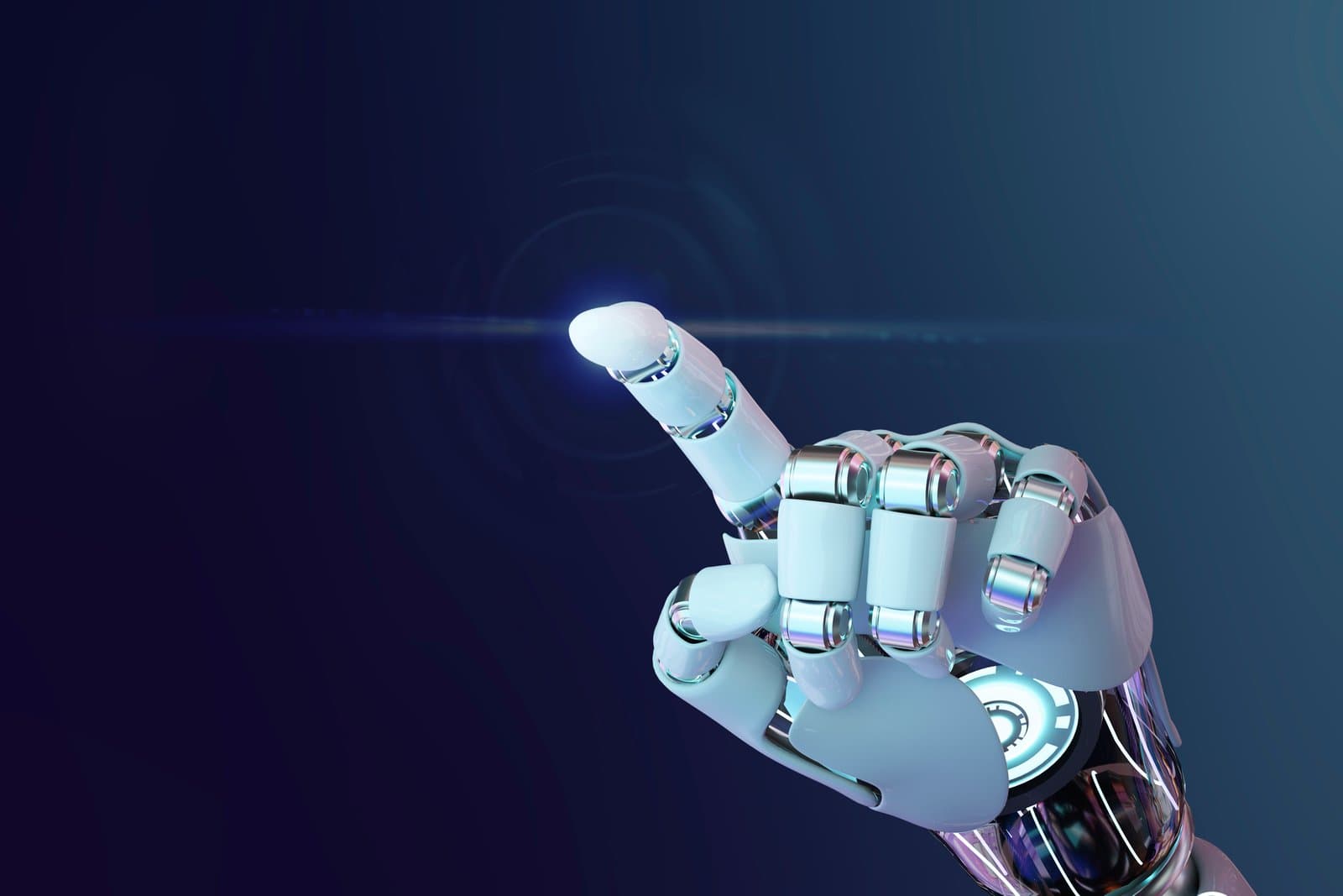 A robotic hand pointing toward a point of light on a dark blue background