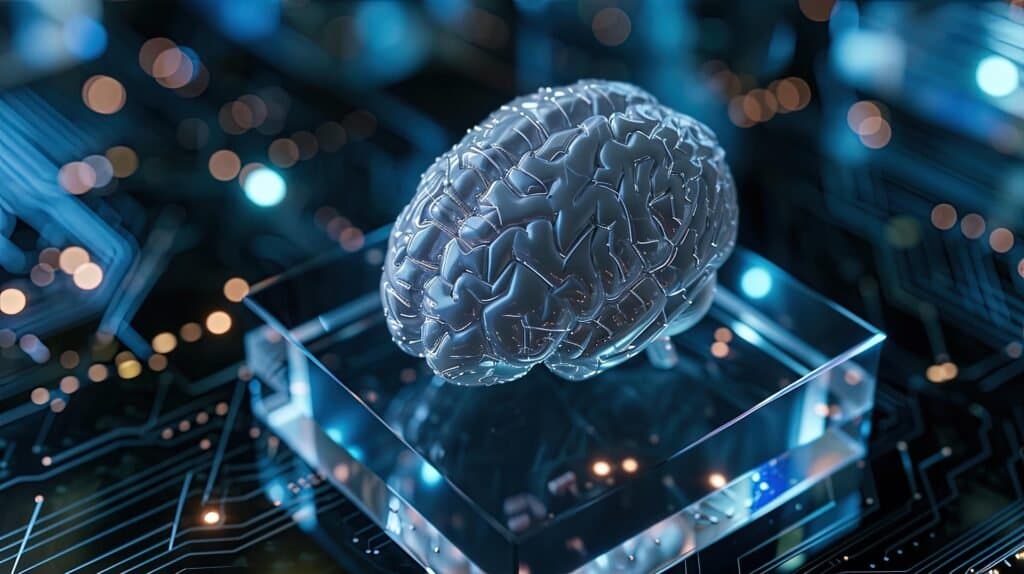 Glowing brain on a glass block over a circuit board, representing AI models trained on synthetic data from Aaga