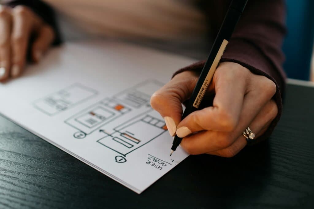 A hand sketching a flowchart on paper with a black pen