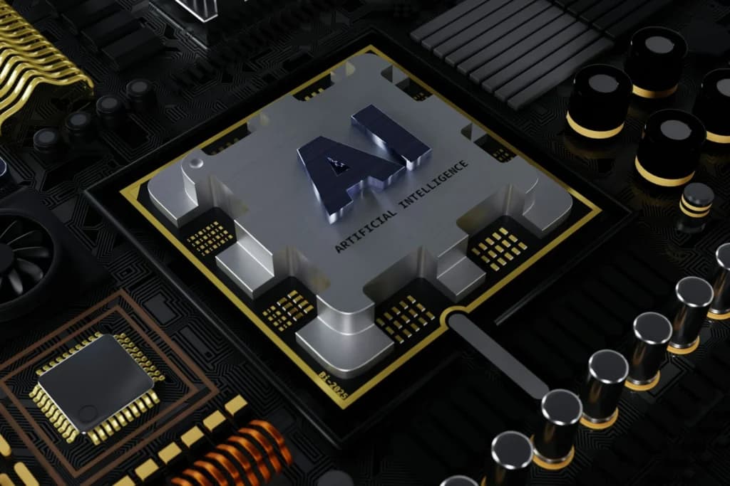 A computer chip labeled AI on a circuit board, representing AI connected to business systems