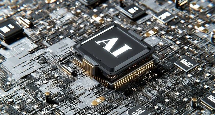 Close-up of a chip labeled AI on a circuit board