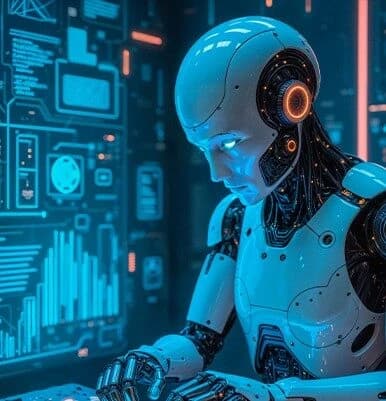 Humanoid robot working in front of glowing screens full of charts and data