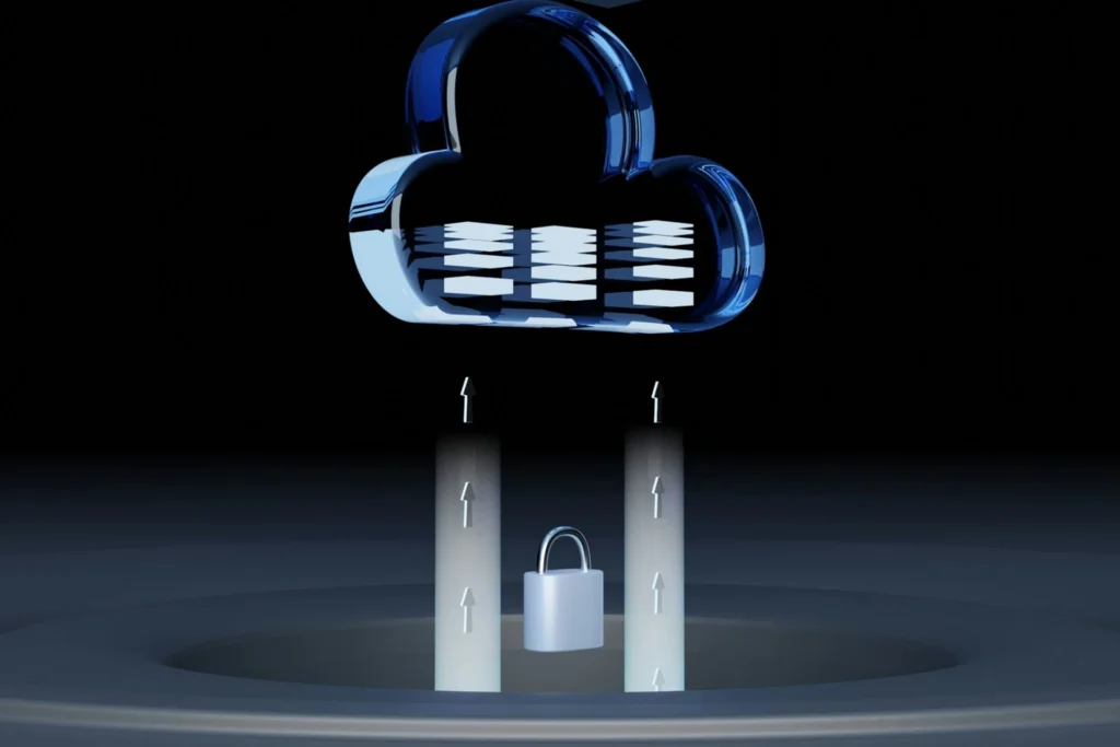Illuminated cloud icon with server stacks connected to a padlock below