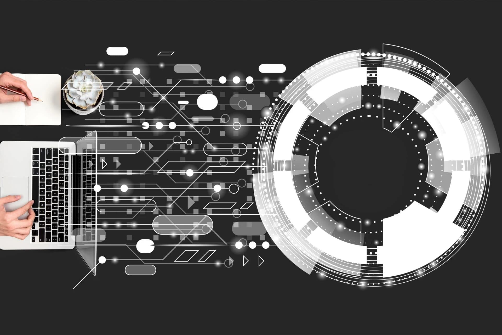 Hands on a laptop beside a circular digital workflow graphic, representing automated DevOps pipelines