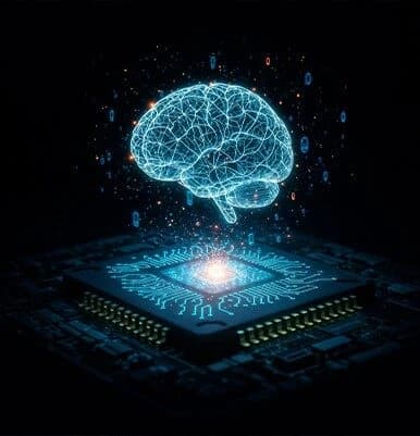 Glowing digital brain floating above a computer chip