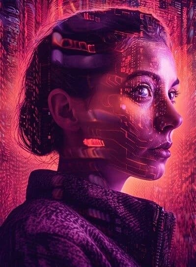 Portrait of a woman with a glowing circuit pattern projected across her face