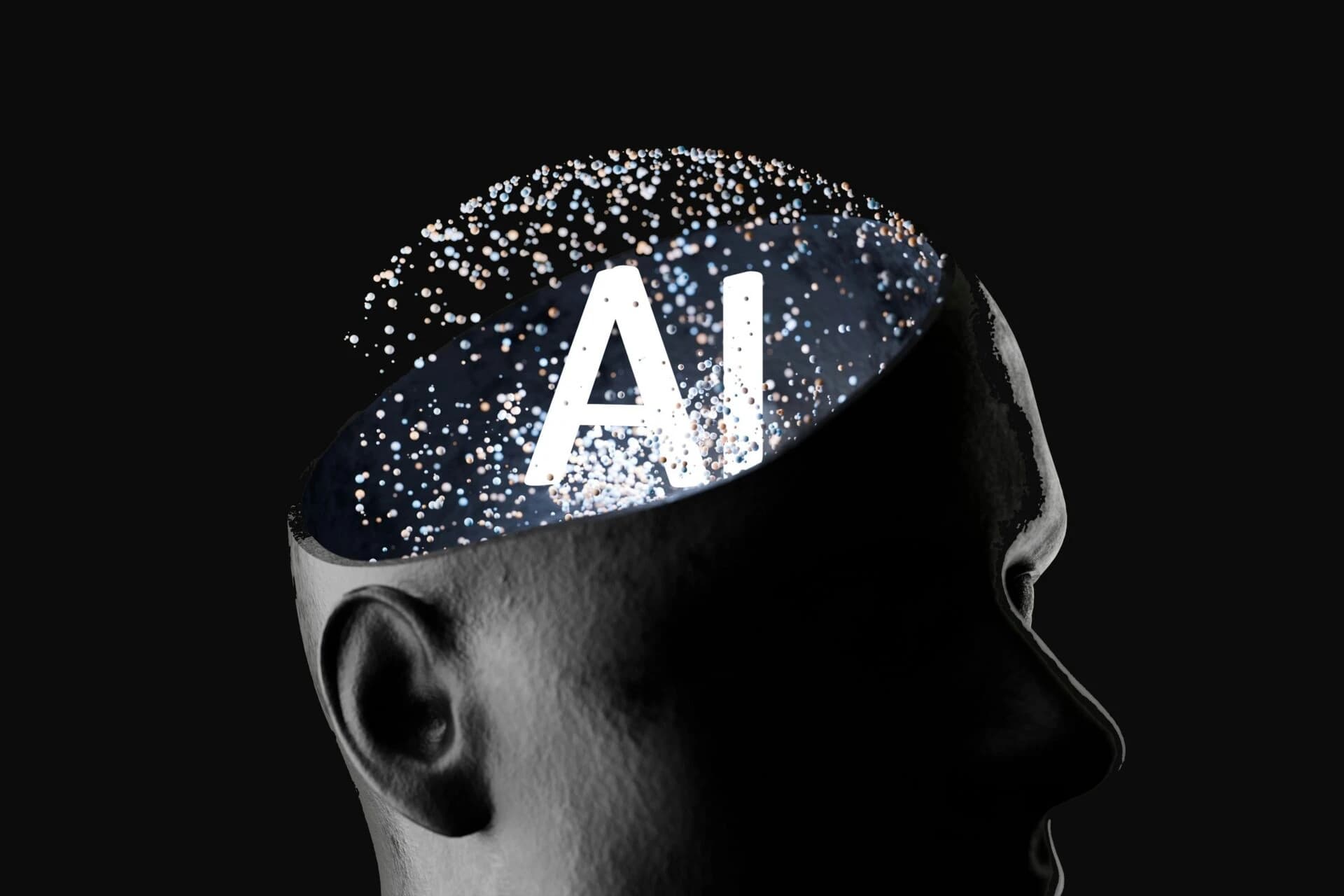 A sculpted human head with the letters AI glowing inside, surrounded by floating particles